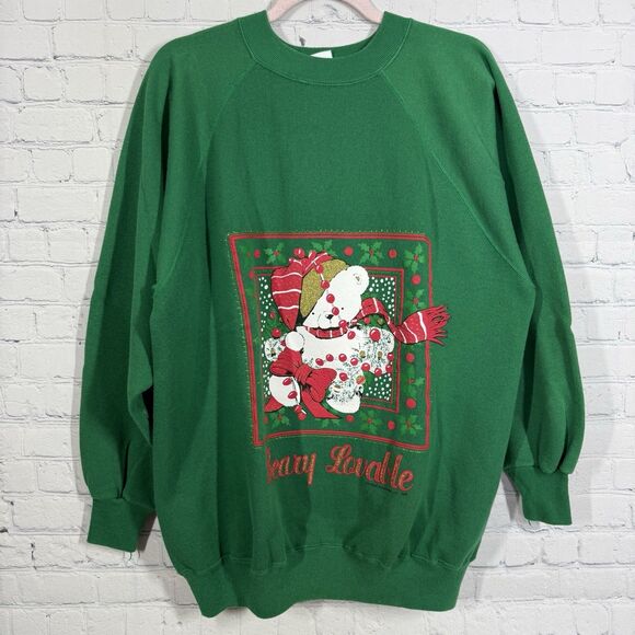 Vintage 90's Christmas Sweatshirt Beary Lovable Women XL Green USA Ugly Sweater - Picture 2 of 12